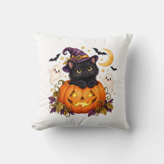 Cute Witch Black Cat Pumpkin Halloween Pillow