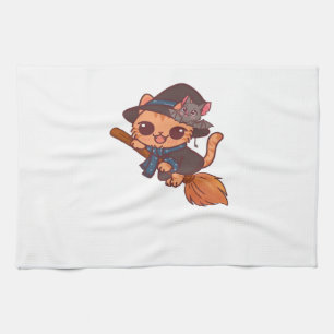Cute Witch Cat and Bat on Broom – Kawaii Halloween Kitchen Towel