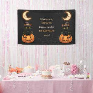 Cute Witch Cat and Pumpkin Birthday Banner