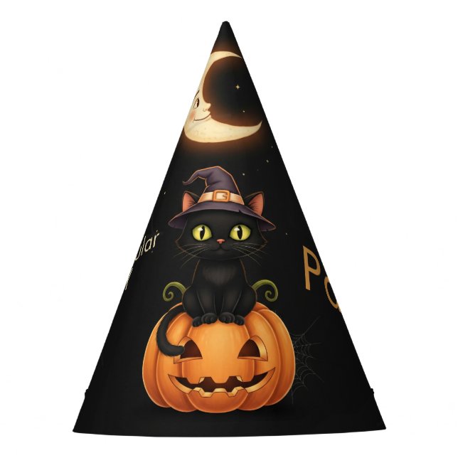 Cute Witch Cat and Pumpkin Birthday Party Hat (Front)