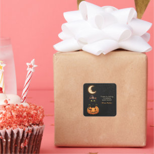 Cute Witch Cat and Pumpkin Birthday Square Sticker