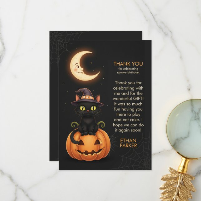 Cute Witch Cat and Pumpkin Birthday Thank You Card (Front/Back In Situ)