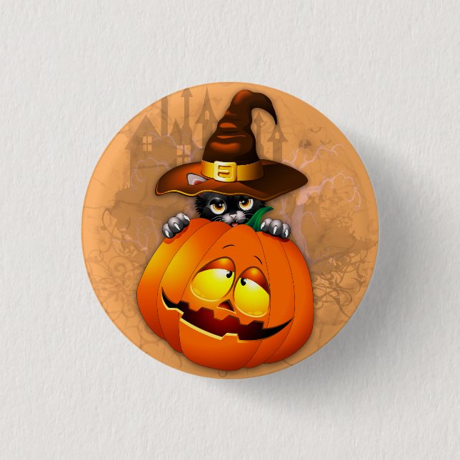 Cute Witch Cat and Pumpkin Halloween Friends 1 Inch Round Button (Front)