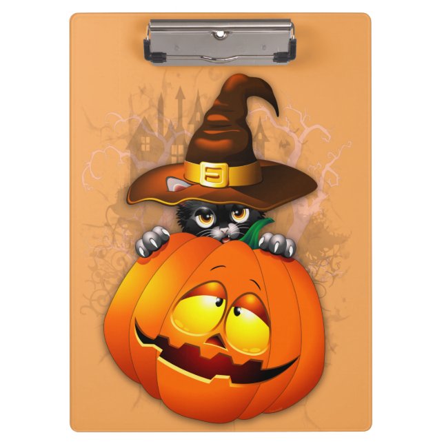 Cute Witch Cat and Pumpkin Halloween Friends Clipboard (Front)