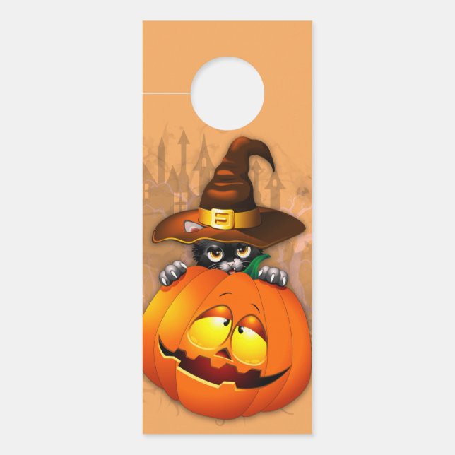 Cute Witch Cat and Pumpkin Halloween Friends Door Hanger (Front)
