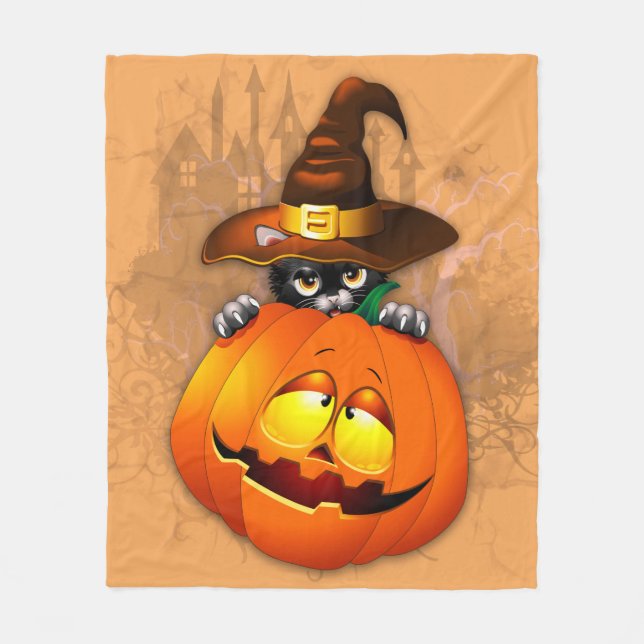 Cute Witch Cat and Pumpkin Halloween Friends Fleece Blanket (Front)