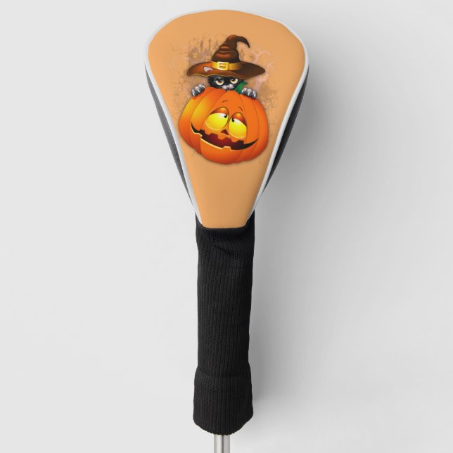 Cute Witch Cat and Pumpkin Halloween Friends Golf Head Cover (Front)
