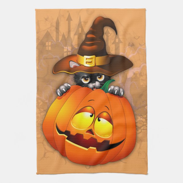 Cute Witch Cat and Pumpkin Halloween Friends Kitchen Towel (Vertical)