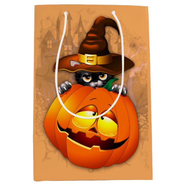 Cute Witch Cat and Pumpkin Halloween Friends Medium Gift Bag (Front)
