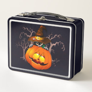 Cute Witch Cat and Pumpkin Halloween Friends Metal Lunch Box