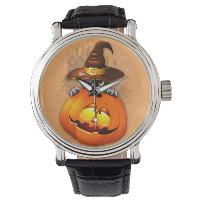 Cute Witch Cat and Pumpkin Halloween Friends Watch (Front)