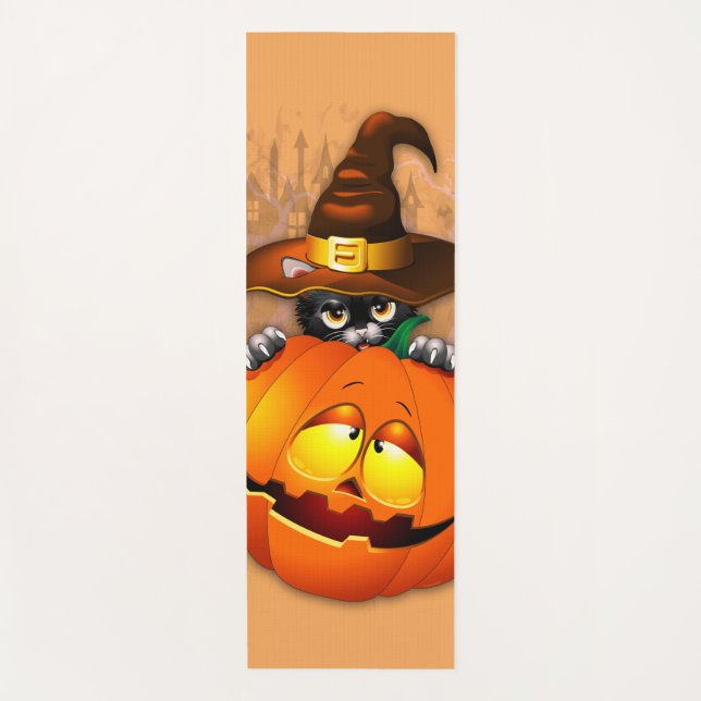 Cute Witch Cat and Pumpkin Halloween Friends Yoga Mat (Front)