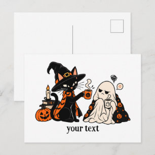 Cute Witch Cat Coffee Grumpy Ghost Halloween Postcard