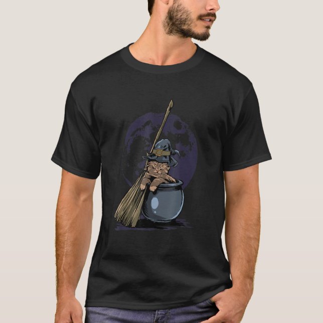 Cute Witch Cat Halloween Full Moon Kitty Cat  Cat  T-Shirt (Front)