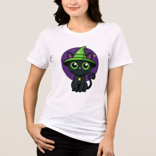 Cute Witch Cat Halloween T-Shirt – Adorable Black Tri-Blend Shirt