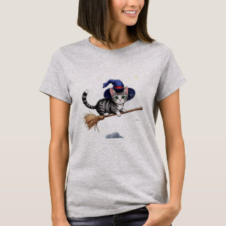 Cute Witch Cat on Broom – Adorable Flying Kitty  T-Shirt