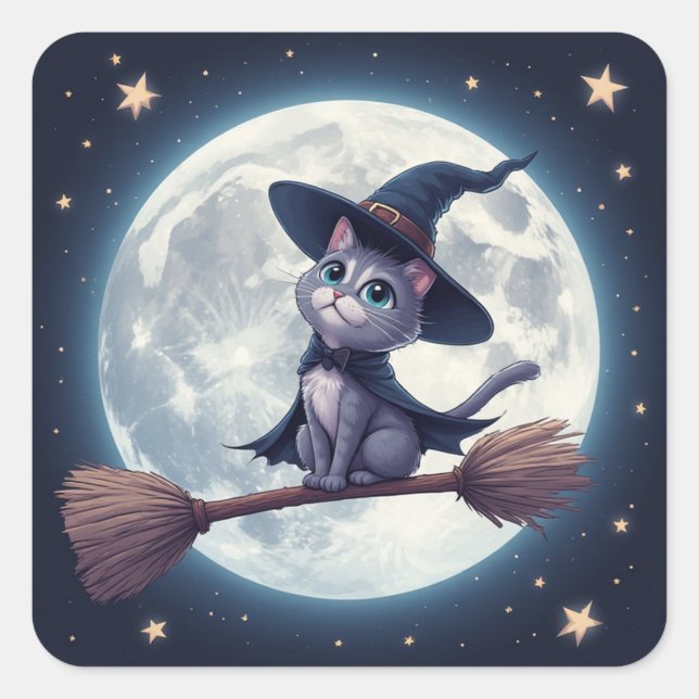 Cute Witch Cat On Broom Under Full Moon Sky 🎃 Square Sticker (Front)