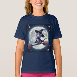 Cute Witch Cat On Broom Under Full Moon Sky 🎃 T-Shirt