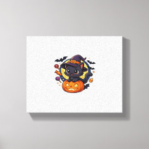 Cute Witch Cat on Pumpkin – Halloween Art Oversize Canvas Print