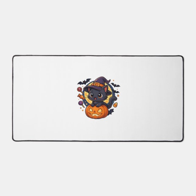 Cute Witch Cat on Pumpkin – Halloween Art Oversize Desk Mat (Front)