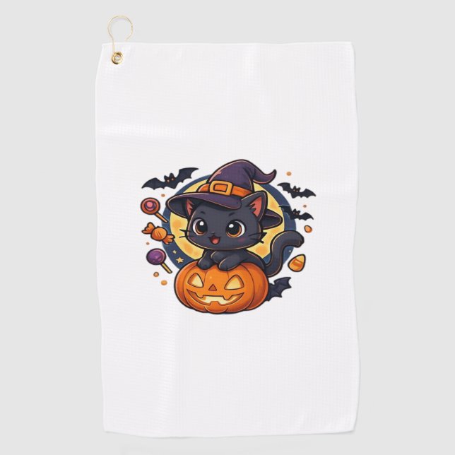 Cute Witch Cat on Pumpkin – Halloween Art Oversize Golf Towel (Front)