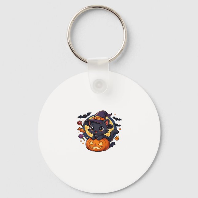 Cute Witch Cat on Pumpkin � Halloween Art Oversize Keychain (Front)