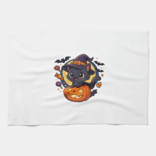 Cute Witch Cat on Pumpkin – Halloween Art Oversize Kitchen Towel