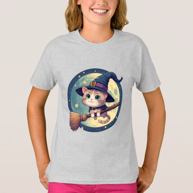 Cute Witch Cat Riding Broom Moonlight Theme 🎃 T-Shirt (Front)