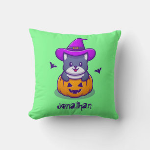 Cute Witch Cat Rising From Pumpkin Flying Bats Throw Pillow