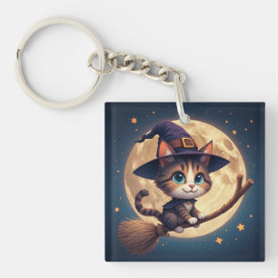 Cute Witch Cat Under Stars And Full Moon 🎃 Keychain
