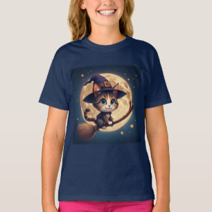 Cute Witch Cat Under Stars And Full Moon 🎃 T-Shirt
