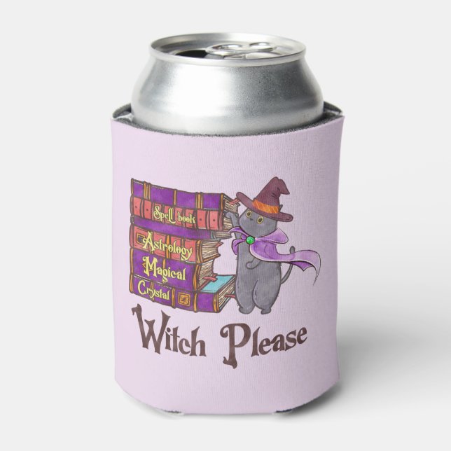 Cute Witch Cat with Books – “Witch Please” Can Cooler (Can Front)