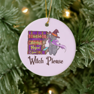 Cute Witch Cat with Books – “Witch Please” Ceramic Ornament