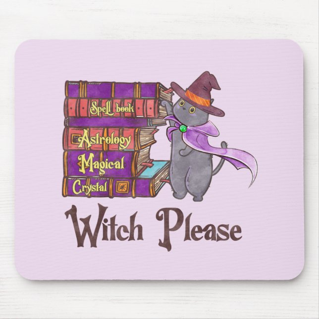 Cute Witch Cat with Books – “Witch Please” Mouse Pad (Front)