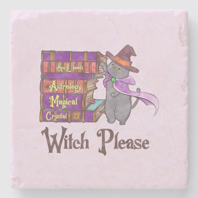 Cute Witch Cat with Books – “Witch Please” Stone Coaster (Front)