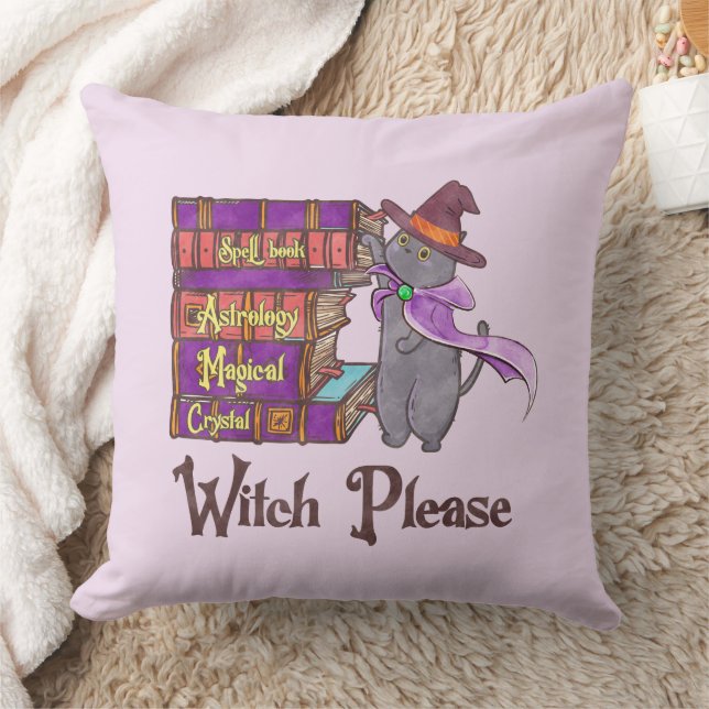Cute Witch Cat with Books – “Witch Please” Throw Pillow (Blanket)