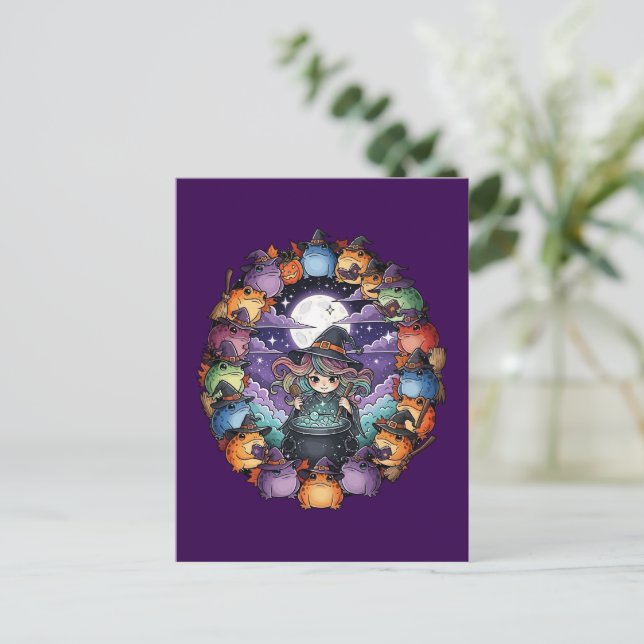 Cute Witch Creating Magical Moments With Toads Postcard (Standing Front)
