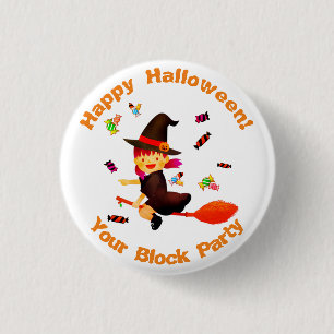Cute Witch Flying on her Broom Halloween 1 Inch Round Button