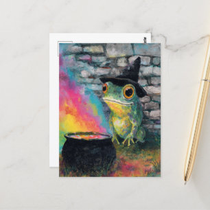 Cute witch frog doing a rainbow spell postcard