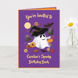 Cute witch ghost trick or treat cemetery card
