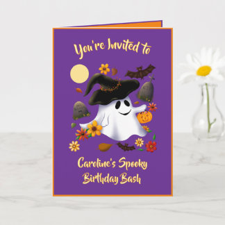 Cute witch ghost trick or treat cemetery card