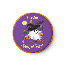 Cute witch ghost trick or treat cemetery