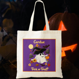 Cute witch ghost trick or treat cemetery tote bag