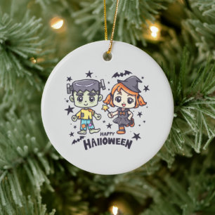 Cute Witch Girl and Mischievous Zombie Boy Ceramic Ornament