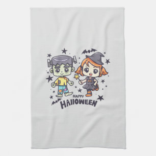 Cute Witch Girl and Mischievous Zombie Boy Kitchen Towel