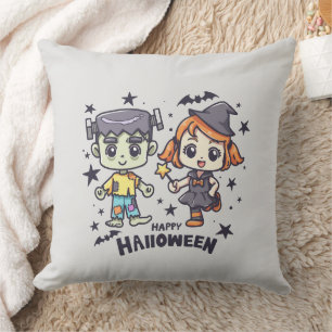 Cute Witch Girl and Mischievous Zombie Boy Throw Pillow