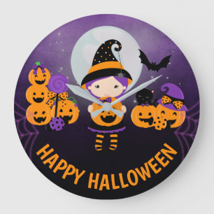 Cute Witch Girl and Pumpkins Happy Halloween Large Clock
