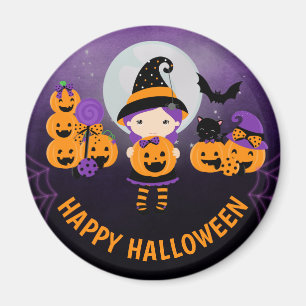 Cute Witch Girl and Pumpkins Happy Halloween Magnet
