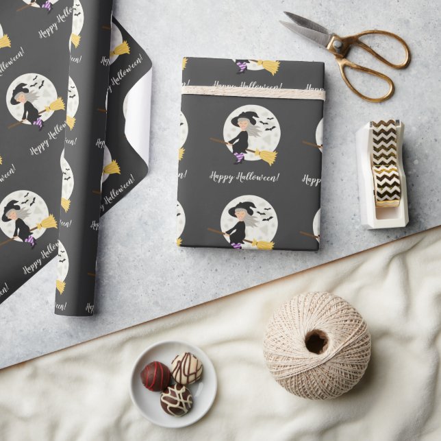 Cute Witch Girl Flying & Happy Halloween Text Wrapping Paper (Crafts)
