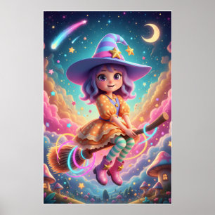 Cute Witch Girl Flying on Broom Kawaii Fantasy Poster
